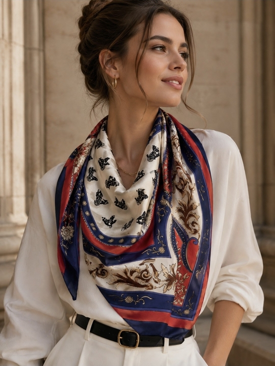 Accessories - 100% Silk Handrolled Navy Horse Carrige Red Printed Square Scarf